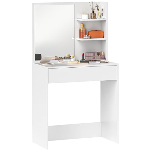 HOMCOM Tocador de Maquillaje con Espejo Mesa de Maquillaje con Cajón y Estantes Abiertos Tocador para Dormitorio Salón Blanco
