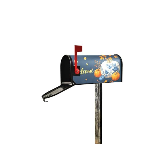 Image of Wamika Welcome Fall Blue Magnetic Mailbox Covers Porcelain Pumpkin Maple Leaves Mailbox Cover Over Size Full Magnet Garden Yard Porch Mail Boxes Cover Holiday Decorations 25 inch L x 21 inch W