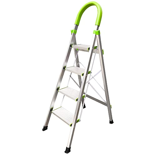 StepIt 4 Step Ladder - Portable Folding Aluminium Four Step Ladder with Deep Steps | 3 Year Warranty | Anti-Slip Soft Grip Step Ladders with Rubber Hand Grip | 150kg Capacity - Safety Step Ladders