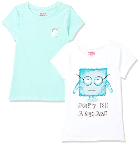 Image of Amazon Brand - Jam & Honey Girls 100% Cotton Printed Half Sleeves Regular Fit T-Shirt (Pack of 2)