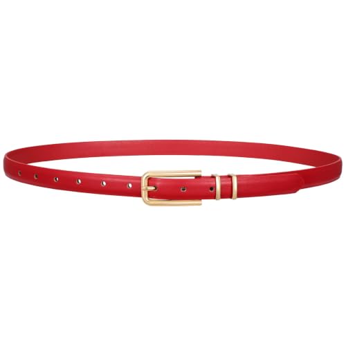 VONMELLI Cinturón estrecho para mujer, cinturón de piel fino, cinturón de cintura retro para vestido, vaqueros, cinturón de moda para mujer con hebilla dorada, A-rojo., (90cm)Passt für Taille 53cm