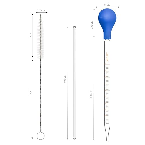 King Mariot Medical Equipments 1 Set | Glass 5 ML Graduated Droppers Lab Pipettes Dropper | Big Rubber Hats | 20cm Glass Stir Rod and Washing Brush Transfer | Liquid Essential Oil