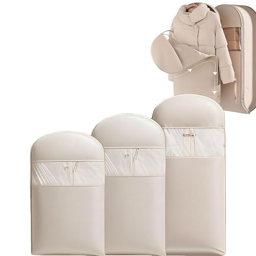 Space Saving Hanging Garment Bag with Self Compression Zipper, Three Different Sizes Breathable Dustproof Transparent Clothes Storage Bags for Travel or Home (Beige)