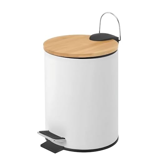 Papelera de Baño Metal con Tapa de Bambú 3 Litros, Cubo de Basura con Tapa y Pedal Cierre Silencioso (Blanco)