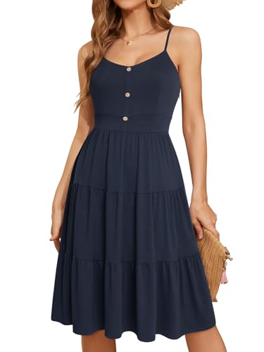 Image of YATHON Sundresses for Women Casual Summer Beach Sleeveless Spaghetti Strap Dress Button Down Ruffle Flowy Pleated Dresses