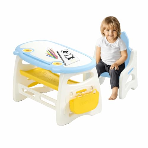 Image of Kids Study Table with Chair Height Adjustable 5 to 10 Years Boys Girls Student Study Desk Chair Combo Children for Home Reading Writing with Table Pen and Book Holder (Blue)