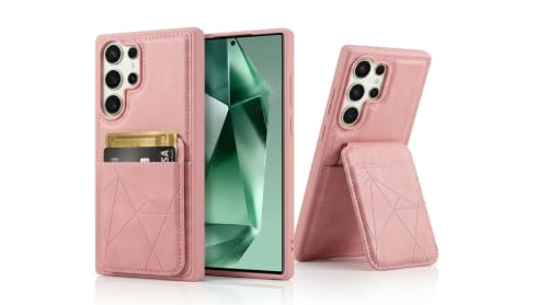 Image of amazon basics Premium Vegan Leather Back Cover with Card Holder and Integrated Mobile Stand for Samsung Galaxy S26 Ultra 5G - Slim Shockproof Wallet Case with Geometric Stitching [Pink]