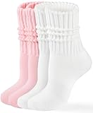 HONGTEYA Crew Socks for Women Cozy Cotton Slouchy Athletic Socks Slouch Boot Calf Workout Socks Size 5-11 (US, Alpha, One Size, Regular, Tall, 2 Pairs White/Pink)