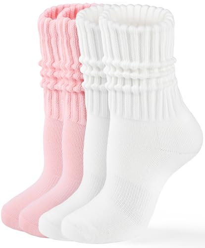 HONGTEYA Crew Socks for Women Cozy Cotton Slouchy Athletic Socks Slouch Boot Calf Workout Socks Size 5-11 (US Alpha One Size Regular Tall 2 Pairs White/Pink)