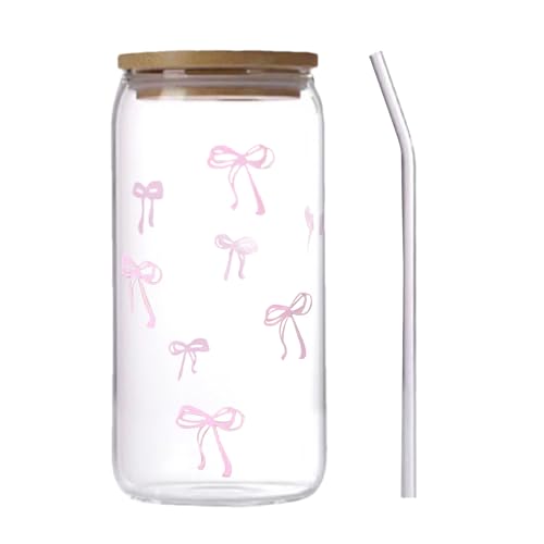 Duvcoywae Vaso De Vidrio Con Tapa Y Pajita - 500ML Tazas De Café Con lazos Rosa Elegante, Para Té, Café O Cóctel, Agua Potable, Para Mujeres, Niñas, Amigas, Mamá, Esposa E Hija