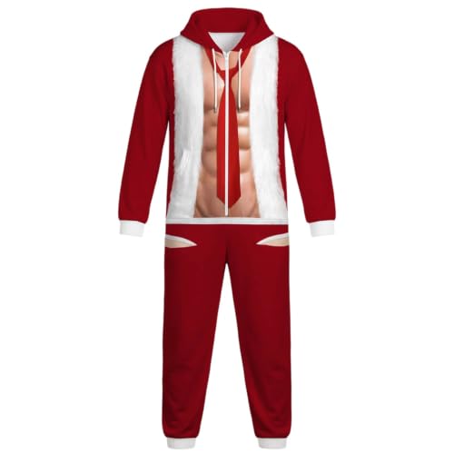 Men Funny Christmas Zip Up Hooded Onesie Fake Muscle Print Dad Jumpsuit - image 5
