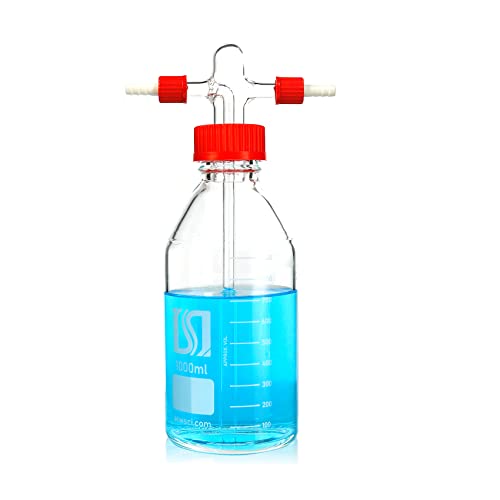 ALWSCI Lab Vacuum Gas Washing Bottle Glass 1000mL Graduated Lab Buffer Bottle, Drechsel Head GL45 with Filter disc Adjustable Immersion, 2 threads GL14 PBT Red...