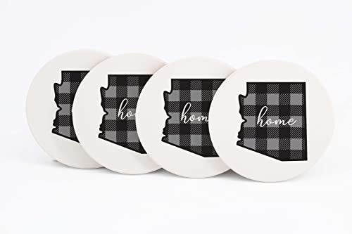 4 Absorbent Ceramic Drink Coasters with Cork Back, Artist Designed, 4” Circle Coaster Set, Protects Tabletop, Great Housewarming Gift (Arizona State Shape Buffalo Plaid)
