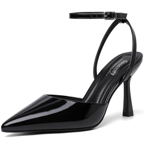 Susanny Black Heels for Women Stiletto Closed Pointed Toe Dress Shoes High Heels Sexy Patent Leather Pumps Wedding Guest Party Evening Prom Dance Ankle Strappy Dressy Shoes 8.5