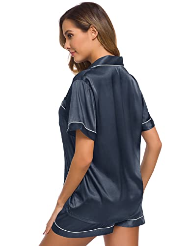 Image of SWOMOG Womens Silk Satin Pajamas Short Sleeve Sleepwear Button Down Loungewear Two-Piece Pj Set Deep Grey