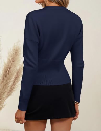 Image of ZESICA Women's Fall Sweaters Crewneck Cinched Waist Pullover Tops