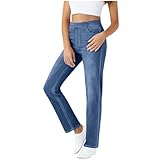 Women's Pull On Straight Leg Jeans High Waisted Stretchy Tummy Control Sweatpant Denim Pants with Pockets (US, Alpha, Small, Regular, Regular, Navy)