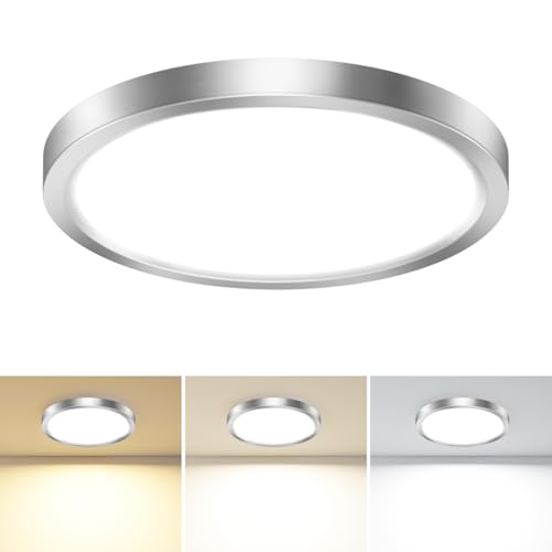 slochi Bathroom Light, 3000K/4000K/6500K 3 Color Temperature, Waterproof IP44, Small, Round, Modern, Flush Ceiling Light for Bathroom, Kitchen, Bedroom, HallwayØ18CM(Brushed Nickel)