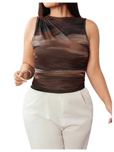 MakeMeChic Women's Plus Size Mock Neck Tank Tops Tie Dye Sleeveless Ruched Summer Shirt