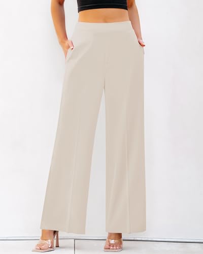 GRAPENT Wide Leg Dress Pants Women High Waisted Pull On Business Casual Work Pants Elastic Waist Dressy Trousers Pockets3