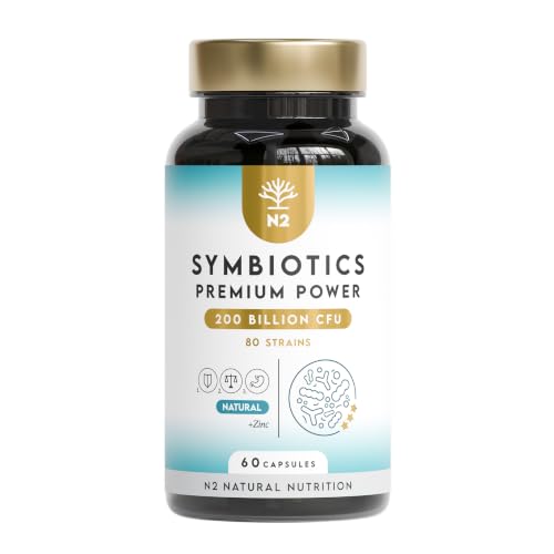 Symbiotics Premium Power, 200 Billones UFC por Dosis, 80 Cepas, Probióticos + Prebióticos + Postbióticos, con Zinc y Lactobacillus rhamnosus CLR-1, 60 Cápsulas. N2 Natural Nutrition