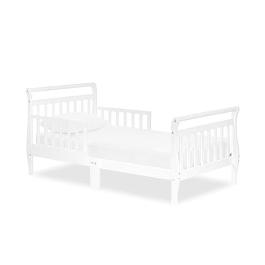 Dream On Me Classic Sleigh Toddler Bed in White, JPMA Certified, Comes with Safety Rails, Non-Toxic Finishes, Low to Floor Design, Wooden Nursery Furniture