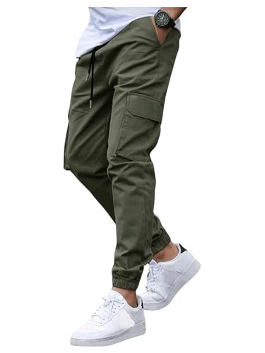 OYOANGLE Men's Drawstring High Waist Cargo Pants Flap Pocket Loose Fit Athletic Casual Jogger Trousers2