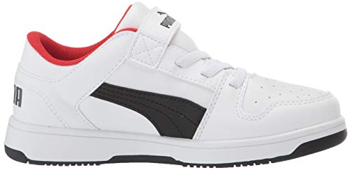 PUMA PUMA unisex child Rebound Layup Lo Hook and Loop Sneaker, Puma White-puma Black-high Risk Red, 12.5 Little Kid US