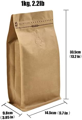 High Barrier Kraft Paper Coffee Bags Stand Up/Flat Bottom Coffee Pouches with Air Release Valve and Reusable Pull Tab Side Zipper (50 Pieces, 1 Kg)