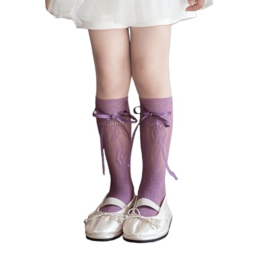 Oxxggkao Atractivos calcetines de mezcla de algodón adornados con encaje por encima de las rodillas para niños a partir de 2 años, perfectos para fiestas y uso diario con encaje recortado, Morado