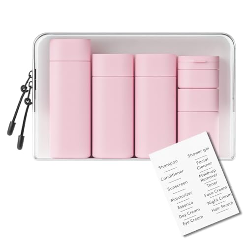 5 Botes para gel y champu con neceser, botes viaje rellenables 100ml, neceser viaje avion y botes champu viaje de plástico a prueba de fugas para gel, champú y lociones (Rosa)