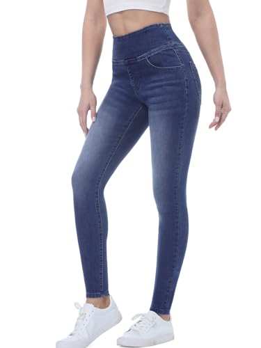 Pull on Skinny Jeans for Women, Stretchy High Waisted Leggings Trendy Tummy Control Demin Jegging with Pockets