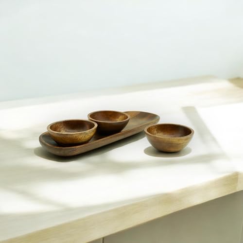 Acacia Wood Calabash Bowls w/ Baguette Tray, 4-Pc Appetizer Serving Set by WRIGHTMART - Used condition - Image 9