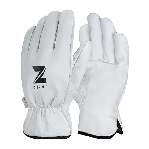ZILAY Goat Leather Work Gloves 3 Layer Thinsulate Soft Winter Safety Gloves for Gardening Farming and Driving (White Large)