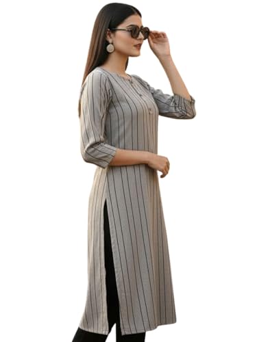 Image of Saanjh Women's Fit Straight Cotton Blend Long Kurta, 3 /4 Sleeve, Knee Length Kurtis, Casual and Office Wear