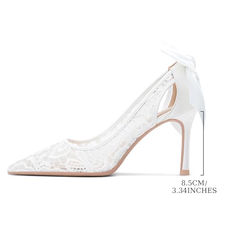 Women's Pointed Mesh Lace Stilettos Sexy Pumps with Bows Elegant Slip-On Kitten Heels Closed Toe Hollow Wedding Dress High Heels Suitable for Work Parties3