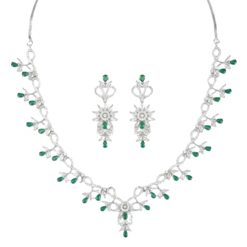 Image of Alloy White Plated American Diamond Necklace Set for Women and Girls with Matching Earrings, S Hook Closure Necklace and Push Plug Earrings for Traditional Outfit