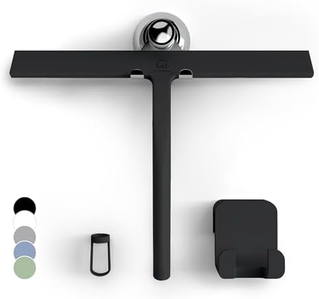 GÜTEWERK shower squeegee black 28 cm - incl. chrome suction cup hook - stainless steel core - silicone rubber squeegees for bathroom cleaning - window screen wiper cleaner glass scraper blade showers
