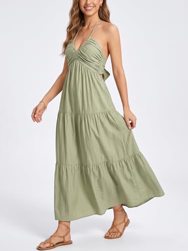 Image of Women's Casual Halter Tiered Vacation Maxi Dress with Pockets