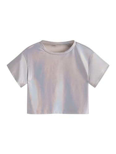 Image of Verdusa Girl's Metallic Crop Tee Top Sparkle Neon Shirts Concert Outfits