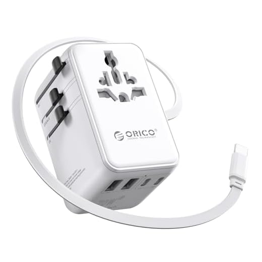 ORICO Universal Travel Adapter 70W GaN International Power Adapter with 2 AC, 3 USB-C and 2 USB-A Ports, Built-in Retractable USB-C Cable, European Travel Plug Adapter for Eu US UK AU & 200+ Countries