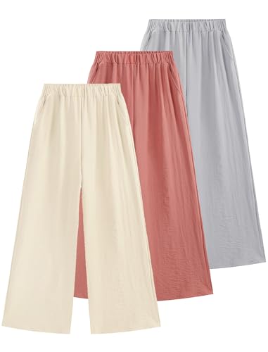Image of EXARUS 3 Pack Girls Summer Pants Wide Leg Linen Flowy Teen Casual Loose | Tween Beach Vacation Trousers with Pockets Elastic High Wasited Straight Fit Bottoms Youth Junior Kids Back to School 6-12Y