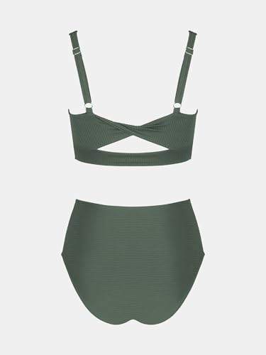 Image of CUPSHE Women's Tummy Control High Waisted Bikini Set Textured Bathing Suit | Removable Soft Cups, Ruched, Adjustable Wide Straps, Ribbed Texture, Twist Back Detail, Full Coverage, Sporty, Beach Vacation