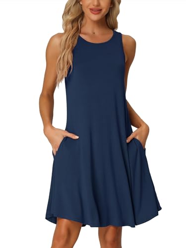 cheibear Damen Nachthemd ärmelloses Trägerkleid Basic Nachtwäsche Nachthemd mit Taschen Blau M