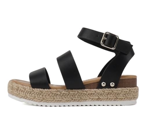 Image of Soda BRYCE-2 Kids /Children /Girls Open Toe Two Bands Espadrille Jute Platform Wedge Casual Fashion Flatform Sandals with Buckle Ankle Strap