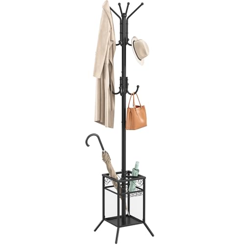 ELYKEN Coat Rack Freestanding, Coat Tree with Umbrella Holder, Metal Coat Rack Stand with 12 Hooks, Modern Standing Coat Hanger Stand, Hall Tree for Entryway Living Room Bedroom Office, Black