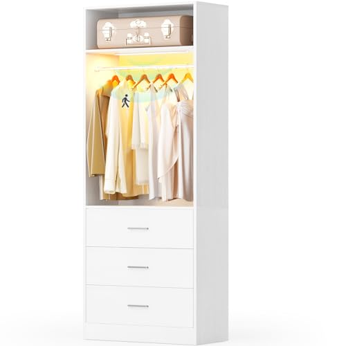 Besiost 2FT Closet System with 3CCT Sensor Light, 24" Closet Organizer with 3 Wooden Drawers, Closet Systems with Hanging Rod & Top Storage, Small Closets Wardrobe for Walk-in Closets, White