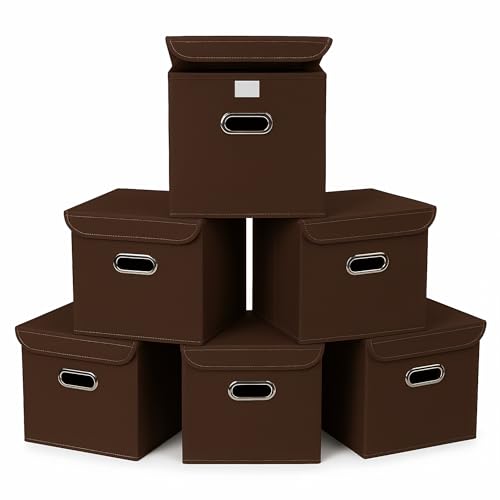 SEVENDOME Closet Organizers Fabric Storage Bins With Lids Collapsible Cube Storage Organizer Basket With Handles,Storage Boxes for Clothes Storage,Office,Laundry,Shelves,6 Pack,（Coffee）