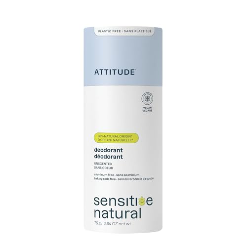 ATTITUDE Sensitive Skin Deodorant, Aluminum Free Deodorant for Women & Men with Oat Extract, Baking Soda Free, Gentle Odor Protection, Vegan, Fragrance Free, Unscented, 2.64 Oz