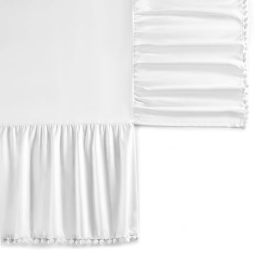 TILLYOU Ruffled Crib Skirt with Pompoms, Microfiber Nursery Crib Toddler Bedding Skirts for Baby Boys Girls, 14'' Drop,White